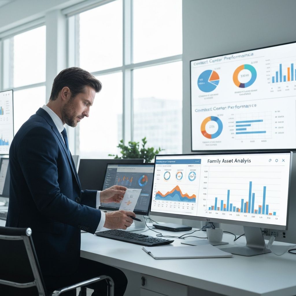 Directivo ejecutivo revisando dashboard financiero con múltiples KPIs y métricas de rendimiento en una oficina moderna, pantallas con gráficos de desempeño de centros de contacto y análisis patrimonial familiar