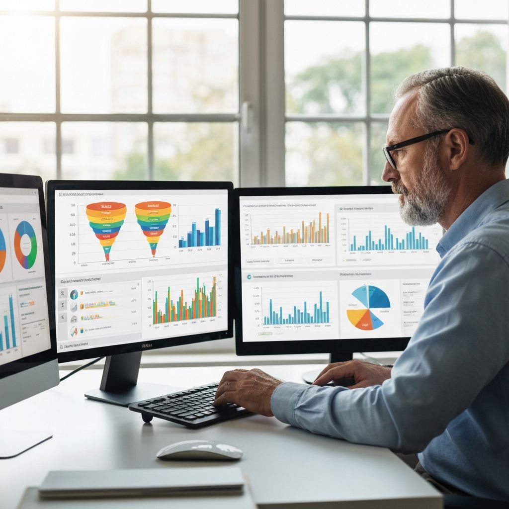 Consultor financiero analizando datos en múltiples pantallas, construyendo un sistema de KPIs con gráficos de embudo de ventas, métricas de eficiencia operativa y dashboard de control patrimonial en tiempo real