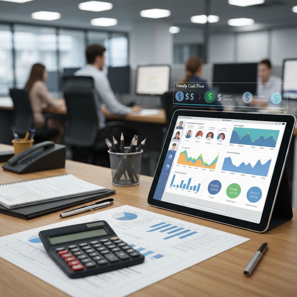 Mesa de trabajo con documentos financieros, calculadora, tablet mostrando dashboard de KPIs, gráficos de rendimiento por agente en centro de contacto y proyecciones de flujo de caja familiar